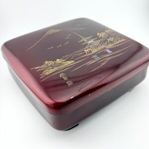 Vintage Japanese Lacquer Box Elegant Burgundy and Gold Decorative Box